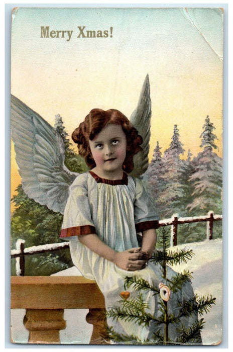 1911 Merry Christmas Angel Pine Trees Gel Brooklyn New York NY Postcard