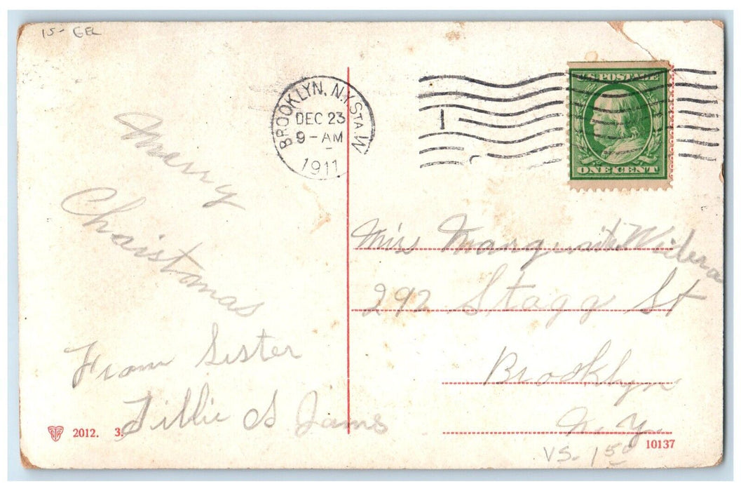 1911 Merry Christmas Angel Pine Trees Gel Brooklyn New York NY Postcard