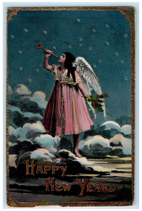 c1910's Christmas Angel Flute Holly Berries Gel Gold Gilt Embossed Postcard