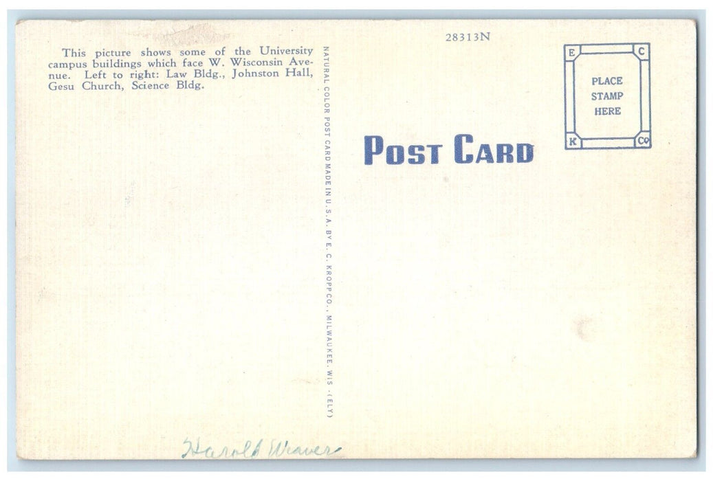 c1940 Marquette University Exterior Building Road Milwaukee Wisconsin Postcard