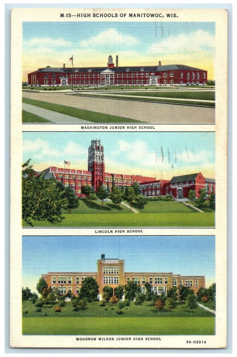 1947 High Schools Washington Lincoln Multiview Manitowoc Wisconsin WI Postcard