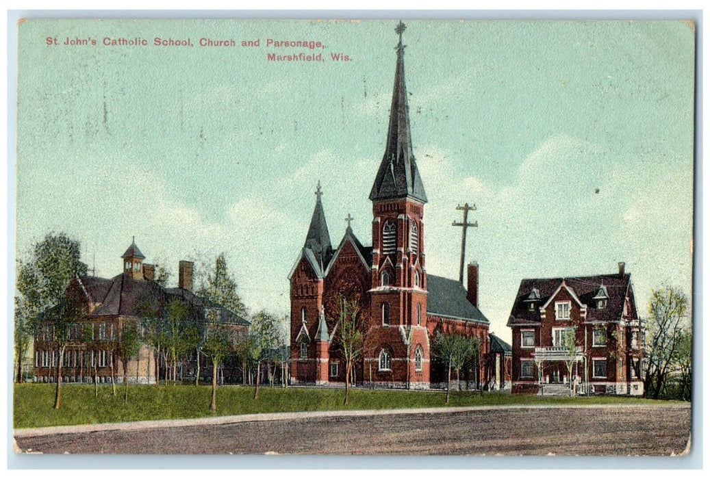 1908 St John Catholic School Church Parsonage Marshfield Wisconsin WI Postcard