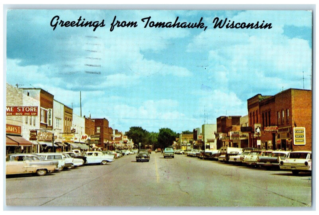 1972 Greetings From Tomahawk Downtown Business Road Wisconsin Vintage Postcard