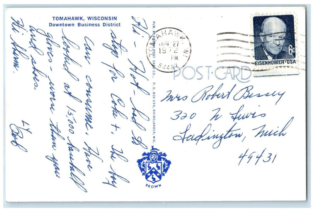 1972 Greetings From Tomahawk Downtown Business Road Wisconsin Vintage Postcard