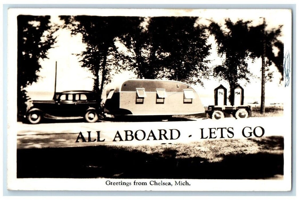 1943 Camper Camp Outhouse Greetings From Chelsea MI RPPC Photo Posted Postcard