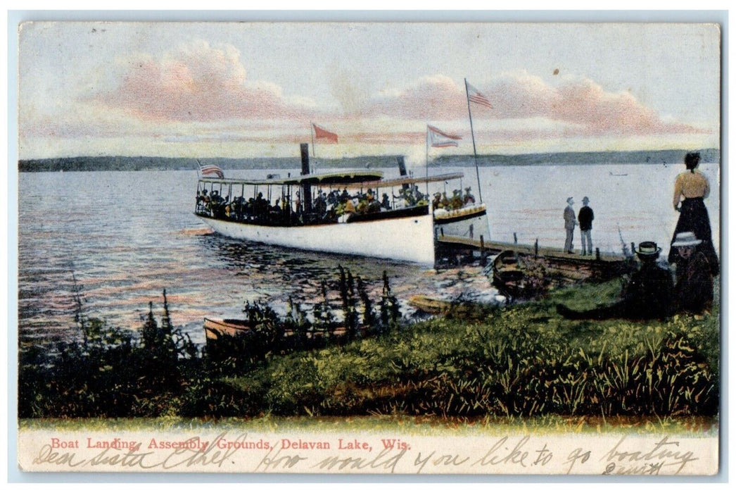 1901 Boat Landing Assembly Grounds Dock Delavan Lake Wisconsin Antique Postcard