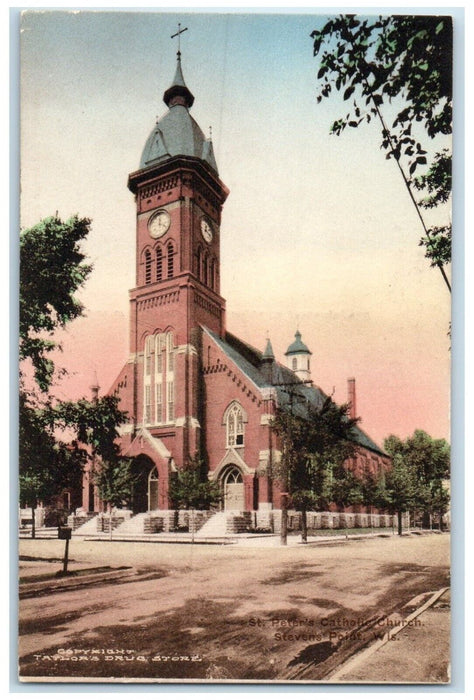 c1940 St Peter Catholic Church Steven Point Wisconsin WI Hand Colored Postcard