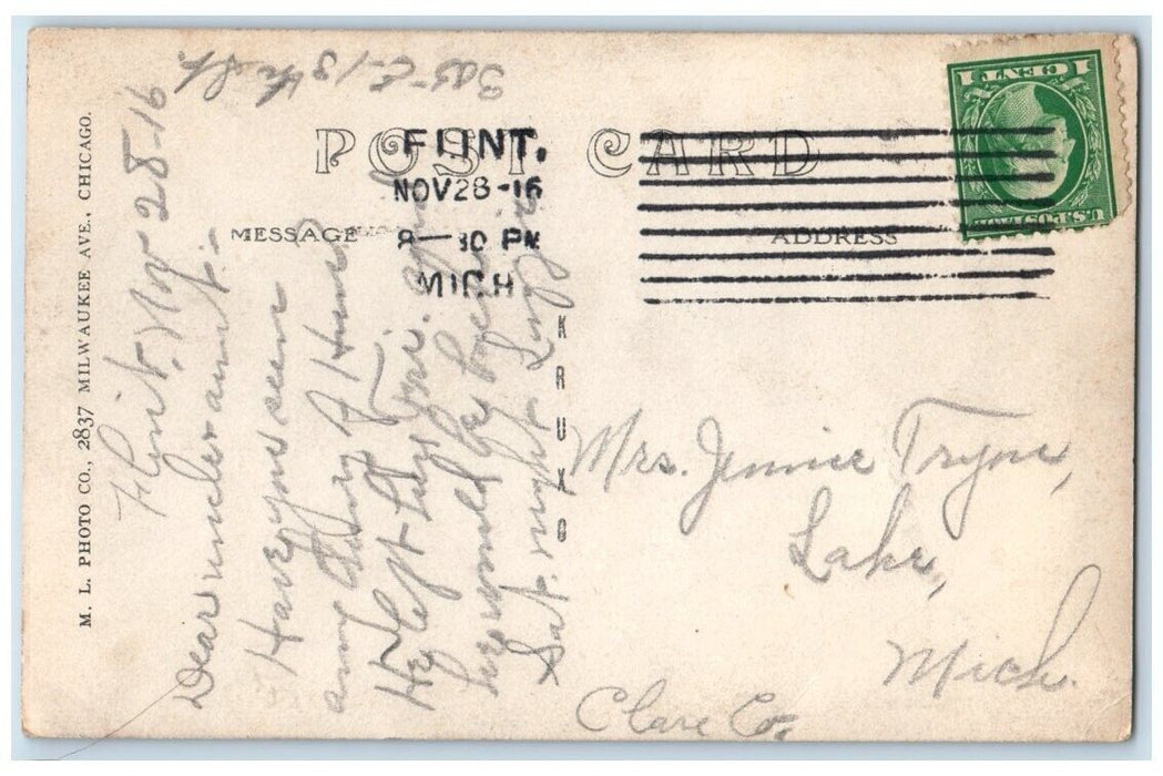 1916 SS Steamer Illinois Leaving Lake Onekama Michigan MI RPPC Photo Postcard