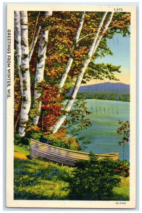 1940 Greetings From Canoe Boat Trees Mountain River Winter Wisconsin WI Postcard