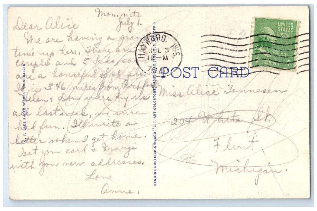 1940 Greetings From Canoe Boat Trees Mountain River Winter Wisconsin WI Postcard