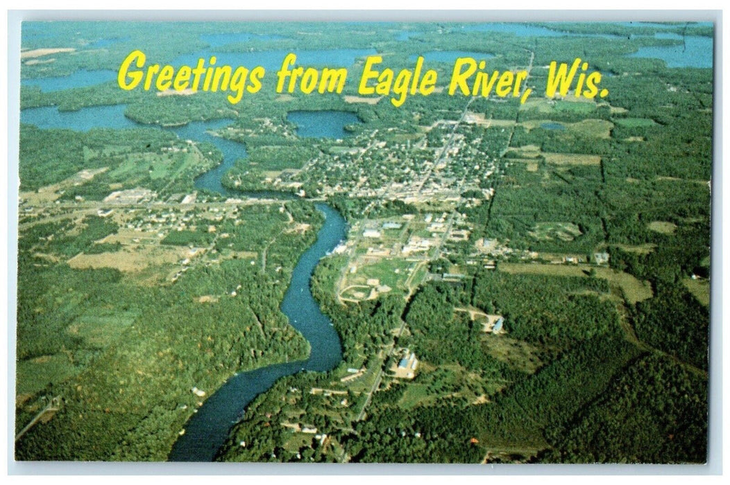 c1960 Aerial View Greetings From Vacation Areas Eagle River Wisconsin Postcard