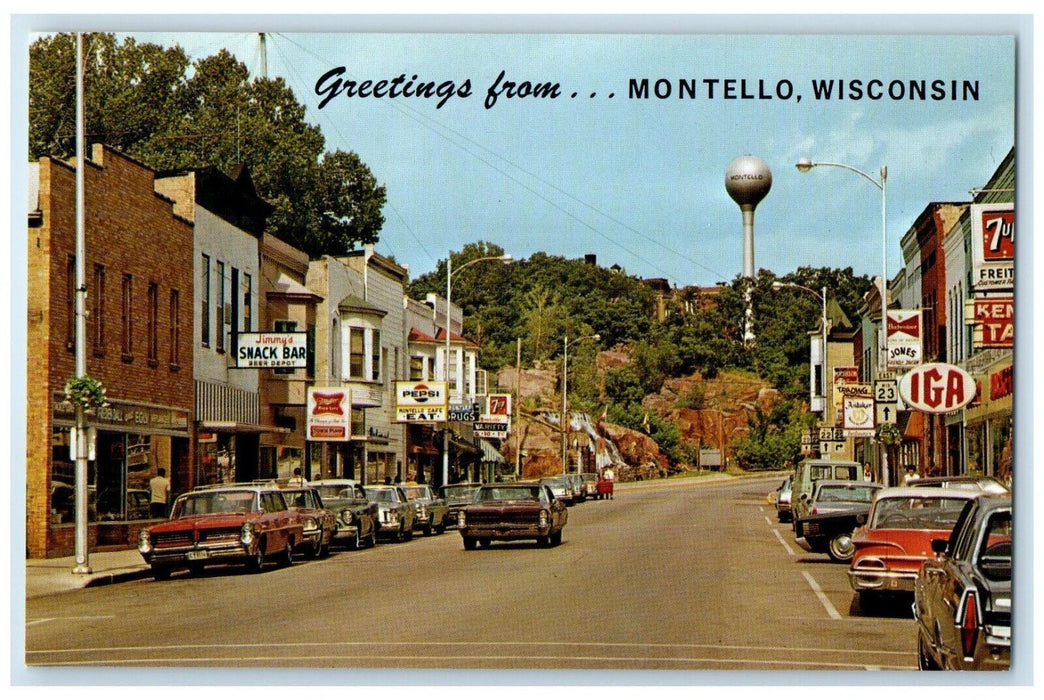 c1960 Greetings From Montello Classic Cars Exterior Building Wisconsin Postcard