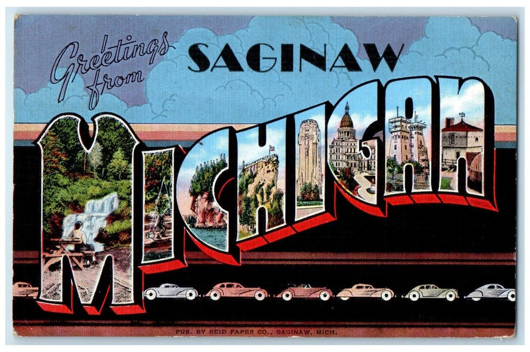 1942 Greetings From Saginaw Michigan MI Banner Large Letters Antique Postcard