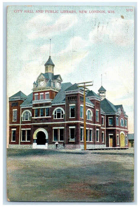 1909 City Hall Public Library Exterior Building New London Wisconsin WI Postcard