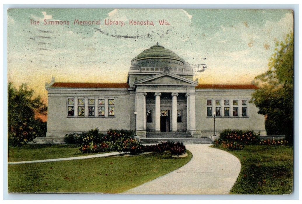 1909 Simmons Memorial Library Exterior Building Field Kenosha Wisconsin Postcard