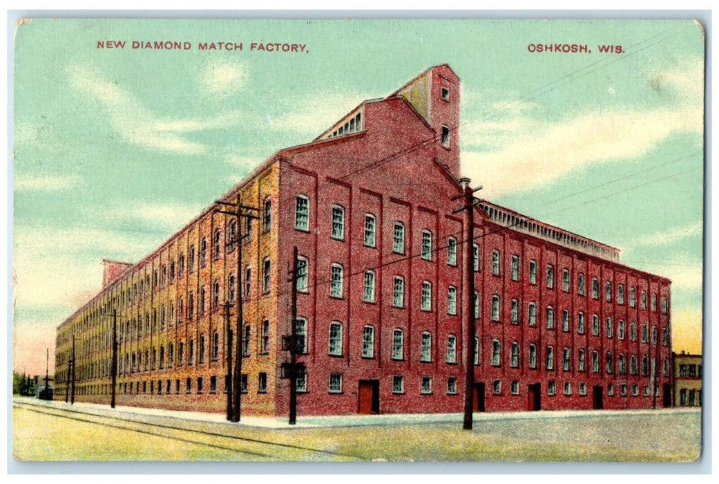 1909 New Diamond Match Factory Exterior Building Oshkosh Wisconsin WI Postcard