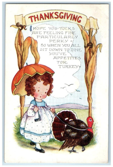 c1910's Thanksgiving Girl Umbrella With Turkey Corn Embossed Antique Postcard