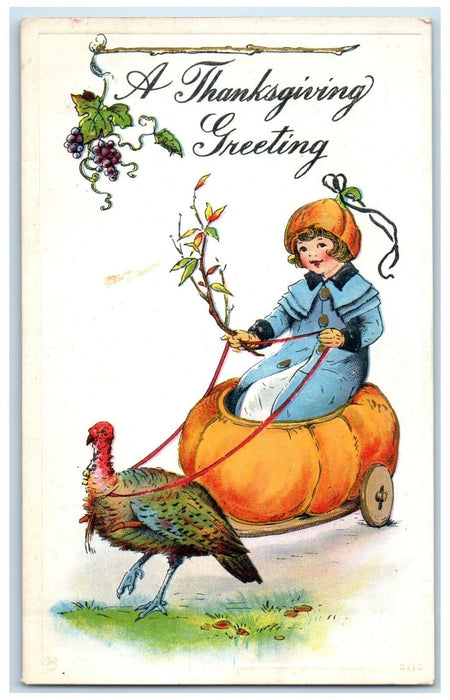 1917 Thanksgiving Greeting Woman In Pumpkin Turkey Grapes Brooklyn NY Postcard