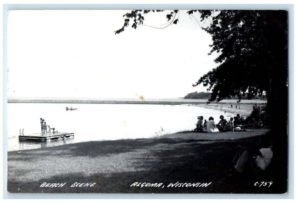 1950 Beach Scene Swimming Children Boat Picnic Algoma WI RPPC Photo Postcard