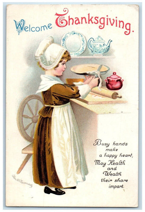 1916 Thanksgiving Woman Chef Cooking Pie Ellen Clapsaddle Artist Signed Postcard