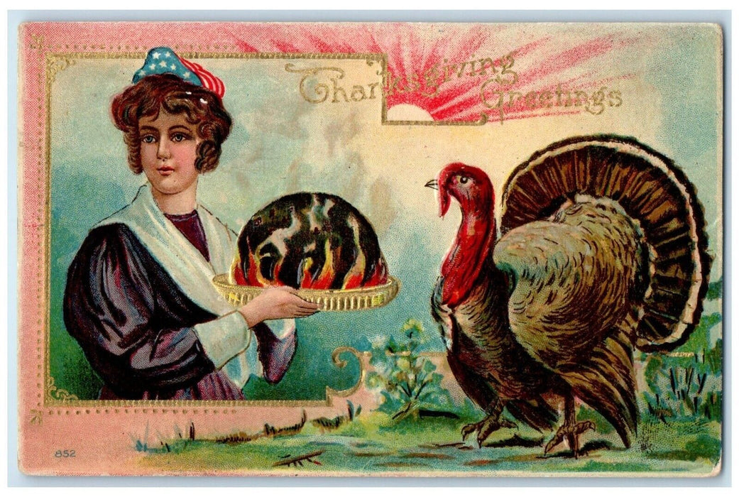 c1910's Thanksgiving Greetings Woman Holding Mutton Pie Turkey Embossed Postcard