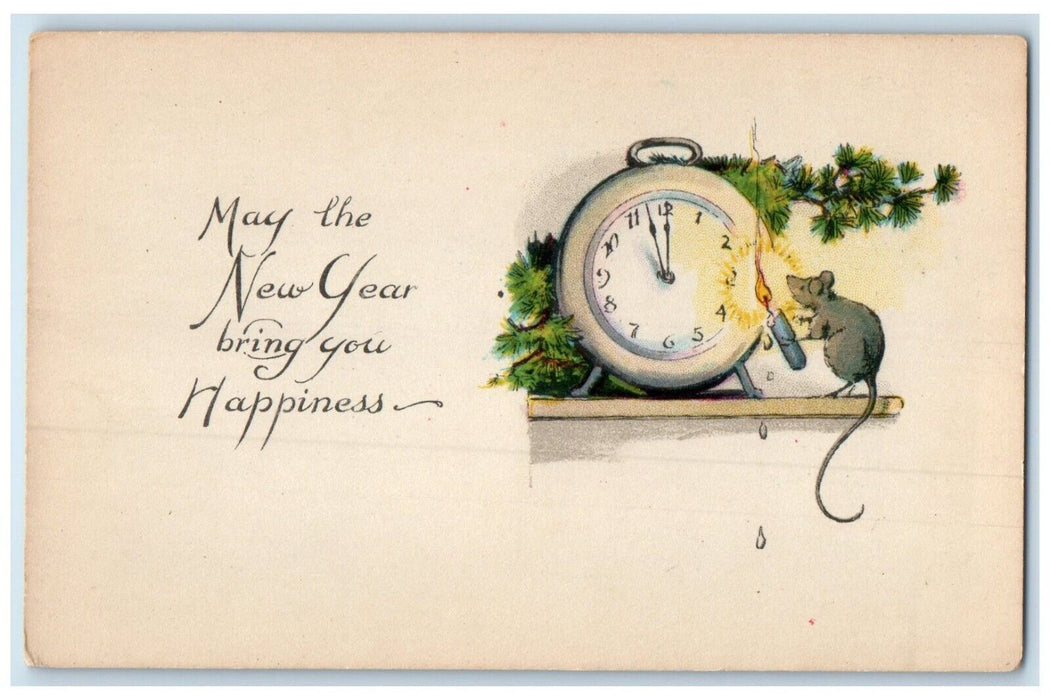 c1930's New Year Clock Mouse With Candle Pine Leaf Unposted Vintage Postcard