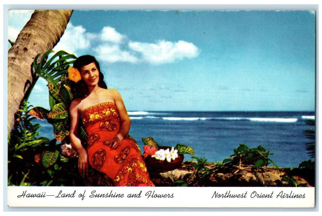 Pretty Woman Hawaii Land Of Sunshine Flowers Northwest Orient Airline Postcard