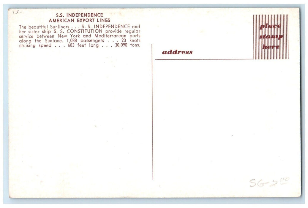 SS Independence American Export Lines Between New York Mediterranean Postcard