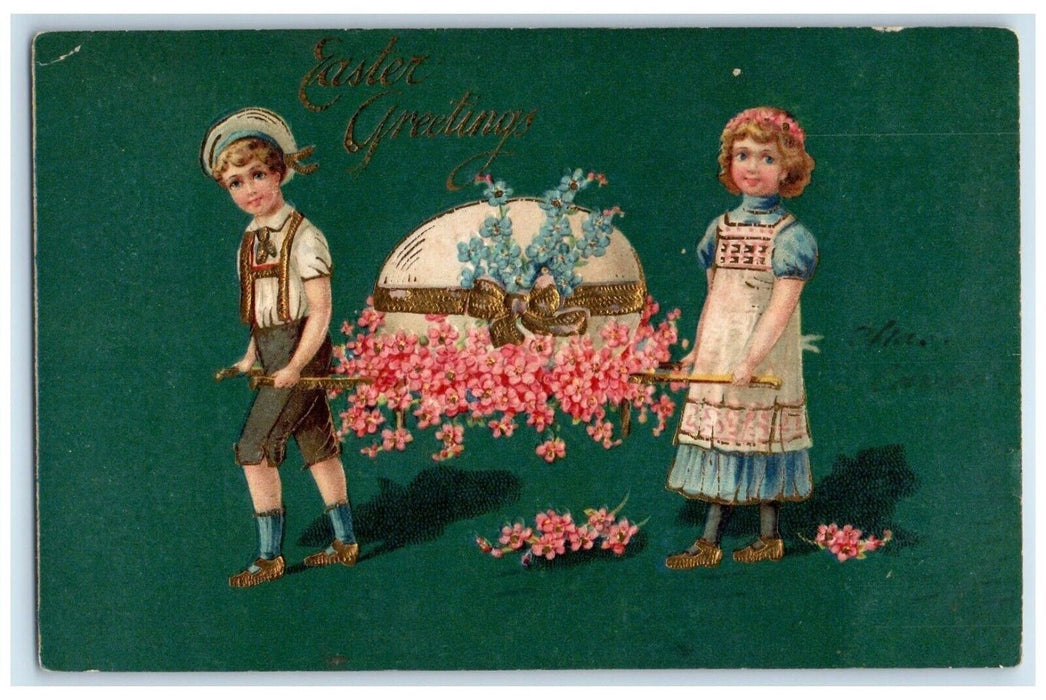 1907 Easter Greetings Children Carrying Giant Egg With Flowers Embossed Postcard