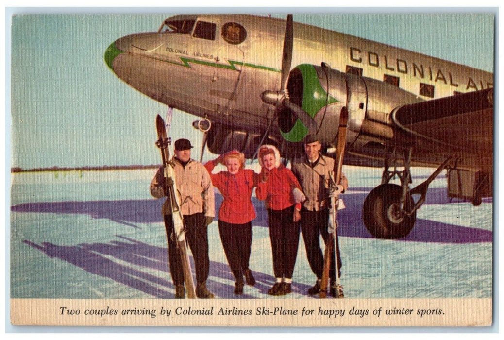 Two Couples Arriving By Colonial Airlines Ski Plane For Winter Sports Postcard