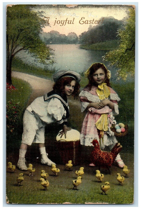 Easter Children With Egg In Basket Chicken Hen Chicks New York NY Postcard