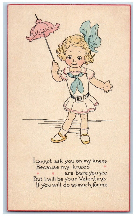 c1905 Valentine Little Girl Bow Ribbon Head Holding Umbrella Davis Postcard