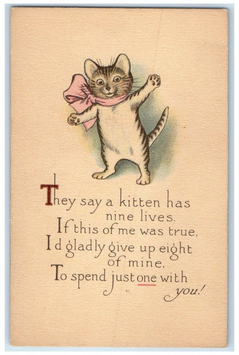 c1910's Valentine Anthropomorphic Kitten Bow Ribbon Volland Antique Postcard