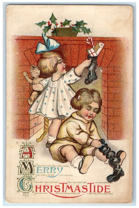 1916 Christmas Children Stockings With Toys Holly Berries Newark NY Postcard