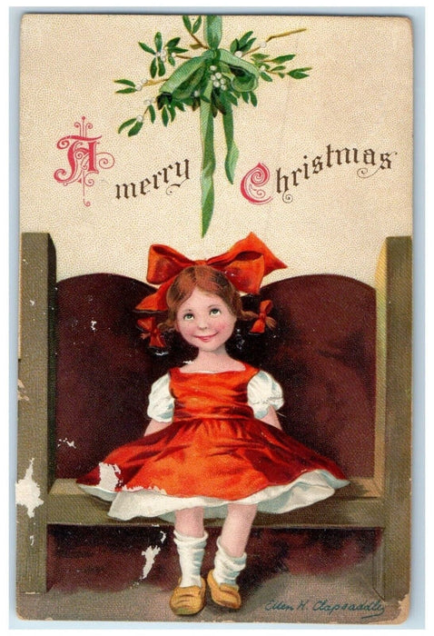 Christmas Little Girl Under Mistletoe Ellen Clapsaddle Artist Signed Postcard