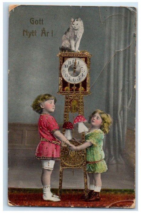 1915 New Year Children Clock Cat Sweden Gel Gold Gilt Posted Antique Postcard
