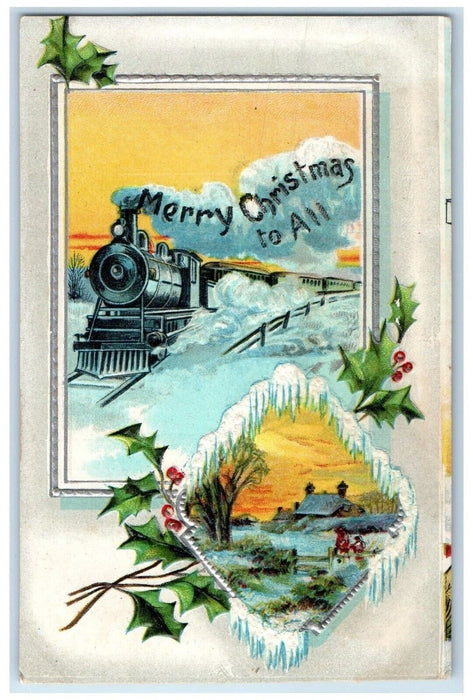 c1910's Christmas Railroad Train Holly Berries Winter Embossed Antique Postcard