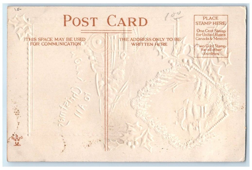 c1910's Christmas Railroad Train Holly Berries Winter Embossed Antique Postcard
