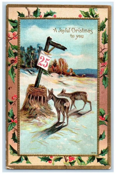 c1910's Christmas Calendar Holly Berries Deer Winter Embossed Antique Postcard