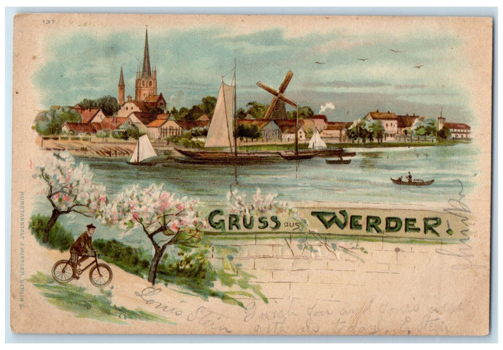 1899 Biking Boat Greetings from Werder Germany Antique Multiview PMC Postcard