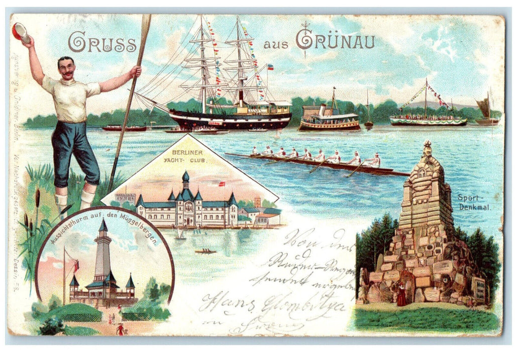 1899 Boat Monument Greetings from Grunau Berlin Germany Multiview Postcard