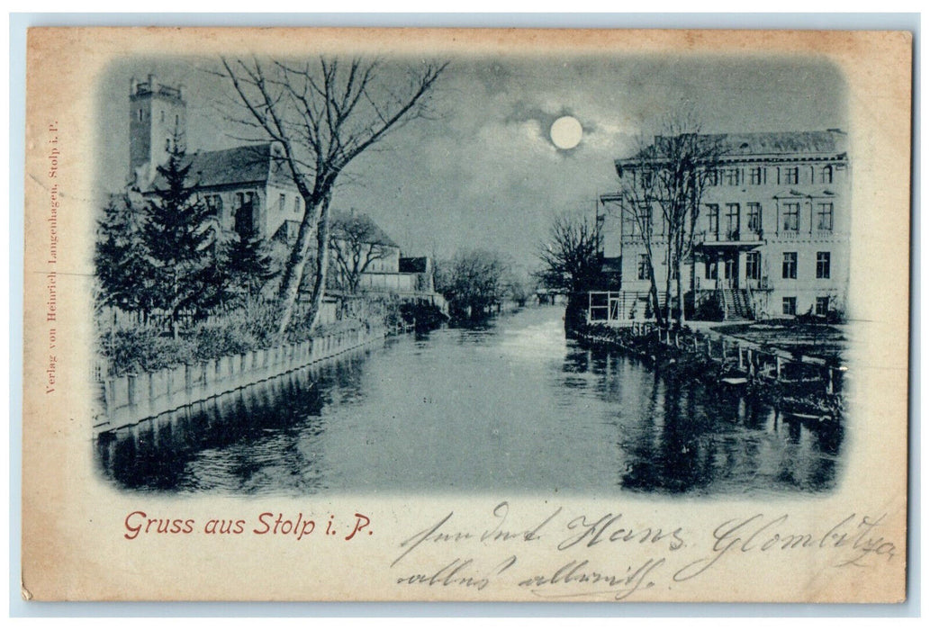 1899 Moonlight River View Greetings from Stolp (Słupsk) Poland Antique Postcard