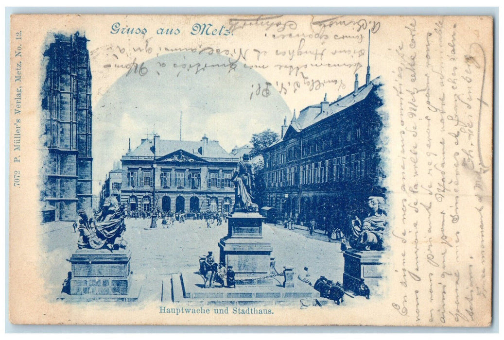 1899 Hauptwache Und Stadthans Greetings from Mets Frankfurt Germany Postcard