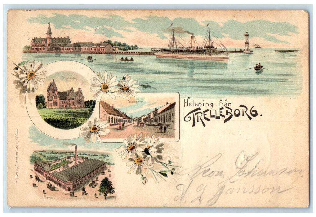 1899 Halsning Fran Trelleborg Skåne County Sweden Multiview Antique Postcard