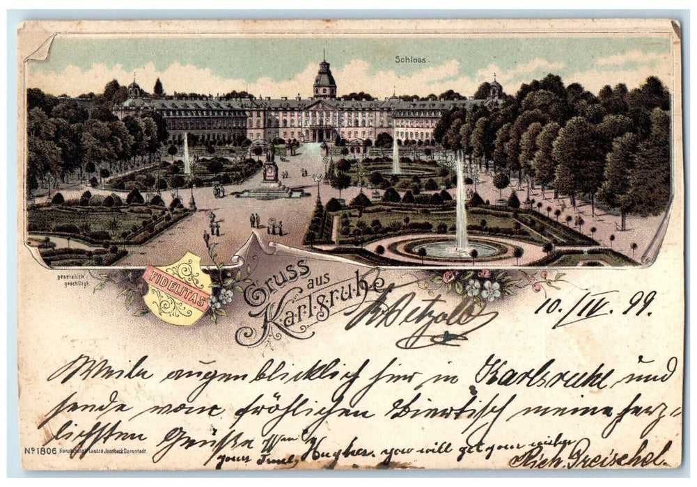 1899 Schloss Fountain View Greetings from Karlsruhe Germany Postcard