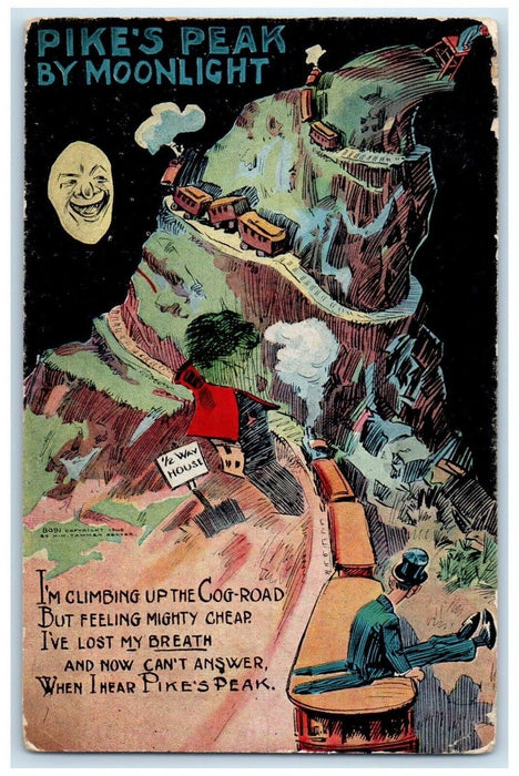 Pike's Peak By Moonlight Railroad Train Climbing Gog Road Pueblo CO Postcard