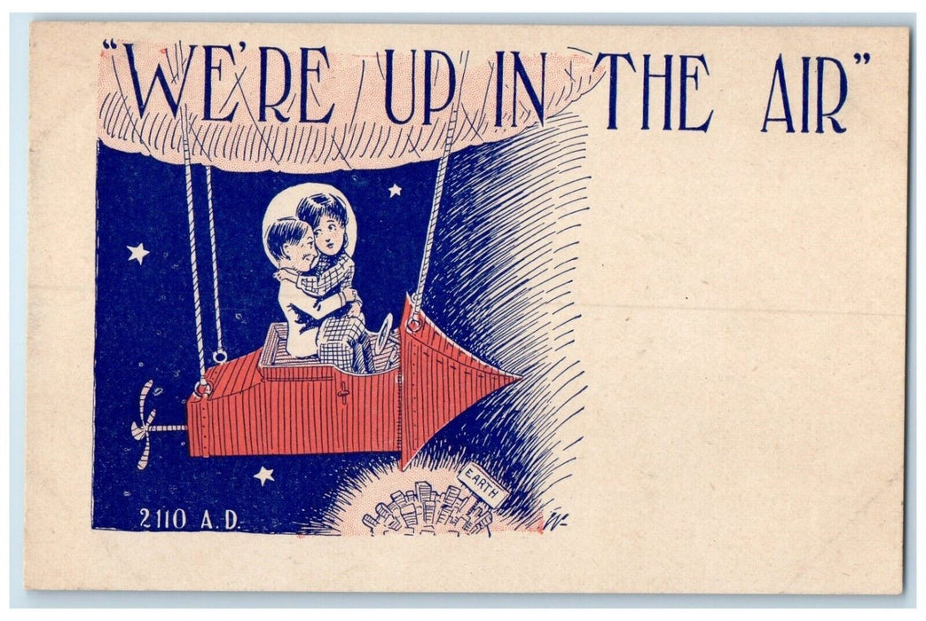 c1910's Sweet Couple Romance Hugging We're Up In The Air Airship Postcard