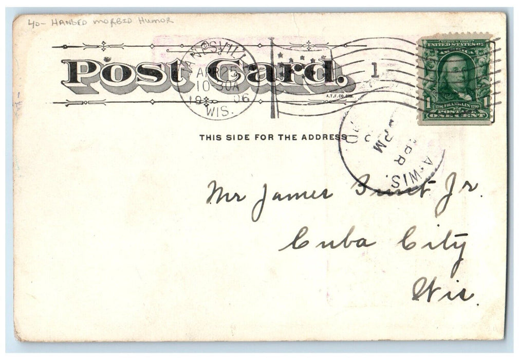 1906 Handed Morbid Humor Janesville Wisconsin WI Posted Antique Postcard