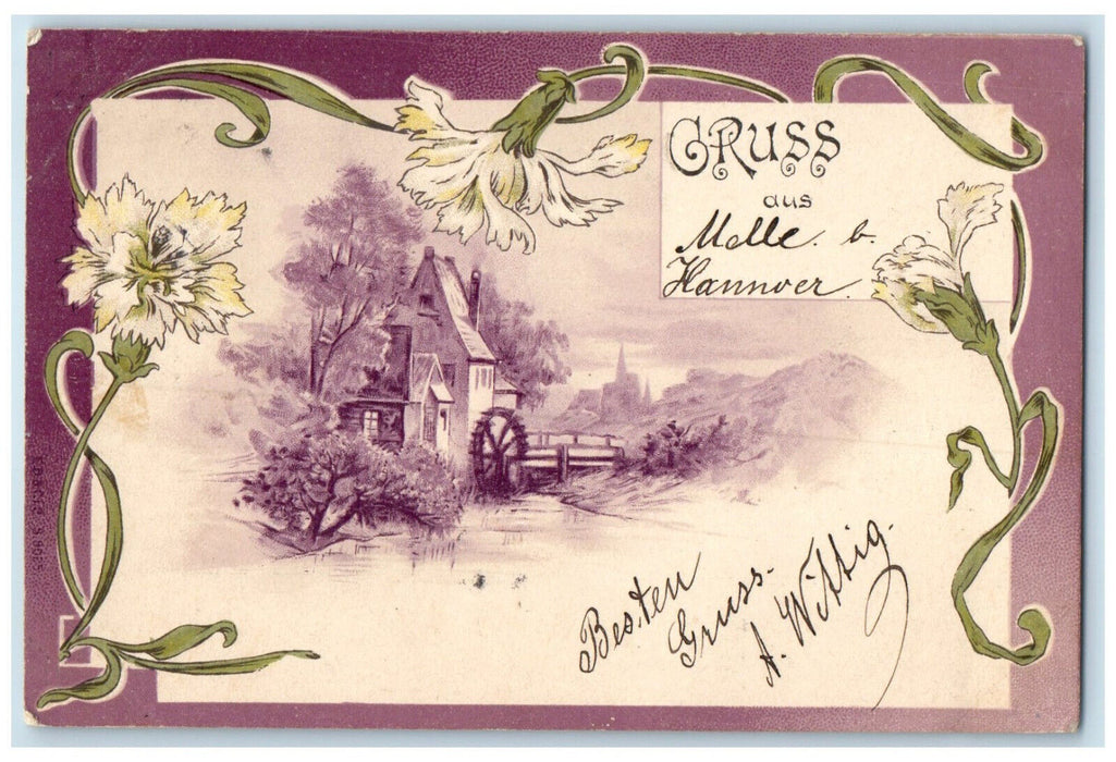 1899 Greetings from Meile Hannover Germany Flower Purple Border Postcard