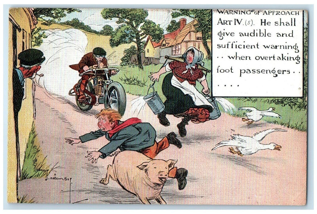 c1910s Raging Motorcycle Ducks Pig Humor Warning Approach Watervliet NY Postcard
